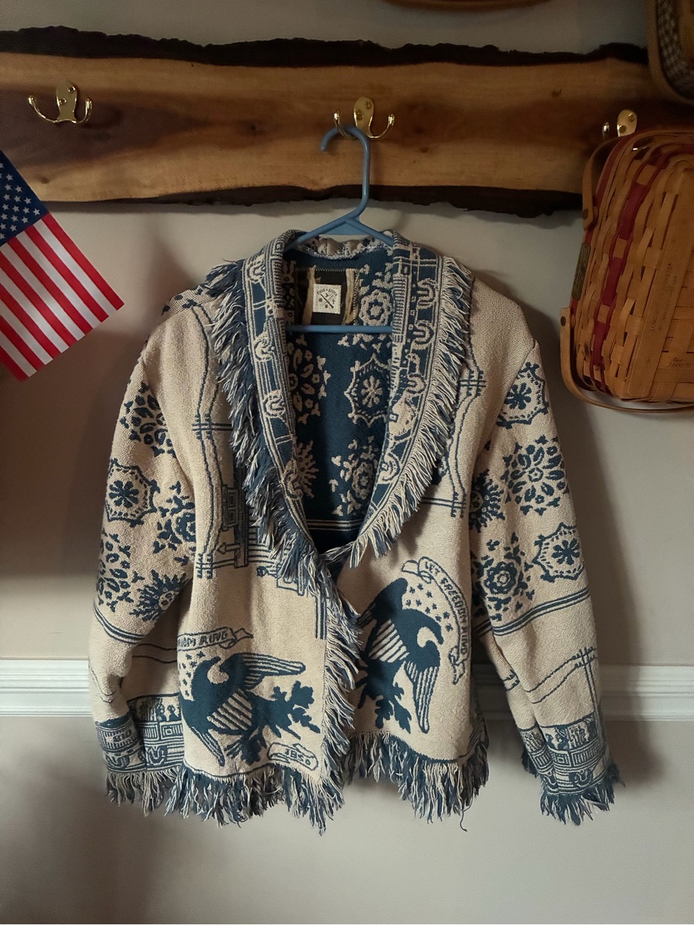 Field + Stitch Handmade Patchwork Vintage Upcycled Fringe Blanket Jacket L